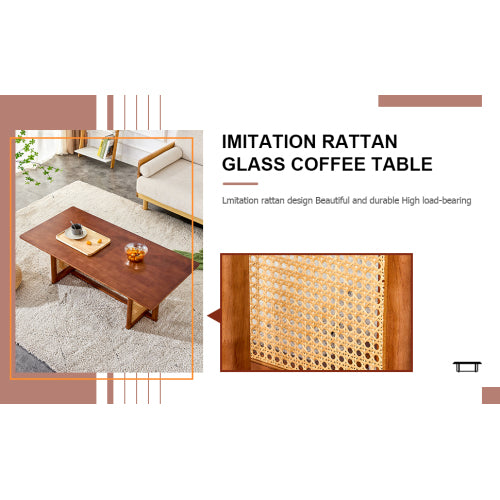 Rectangular Solid Wood Imitation Rattan Coffee Table, Chinese Style Log Tea Table