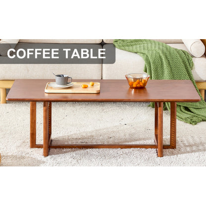 Rectangular Solid Wood Imitation Rattan Coffee Table, Chinese Style Log Tea Table
