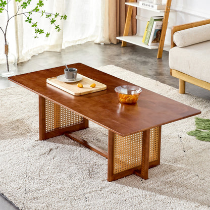 Rectangular Solid Wood Imitation Rattan Coffee Table, Chinese Style Log Tea Table