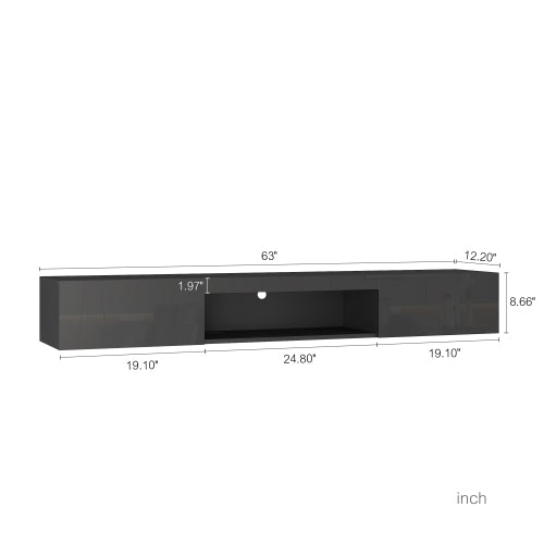 63 Inch Black Wall-Mounted Floating LED TV Stand 16 Color Light Media Cabinet Holds TV Up To 65 Inch