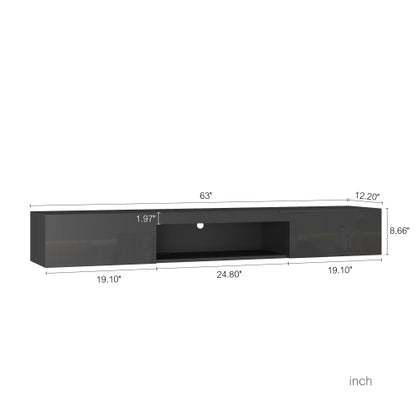 63 Inch Black Wall-Mounted Floating LED TV Stand 16 Color Light Media Cabinet Holds TV Up To 65 Inch
