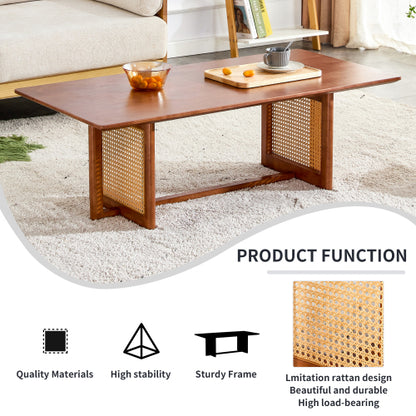 Rectangular Solid Wood Imitation Rattan Coffee Table, Chinese Style Log Tea Table