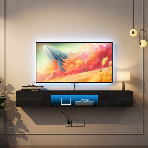 63 Inch Black Wall-Mounted Floating LED TV Stand 16 Color Light Media Cabinet Holds TV Up To 65 Inch
