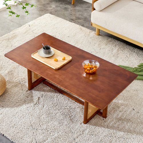 Rectangular Solid Wood Imitation Rattan Coffee Table, Chinese Style Log Tea Table