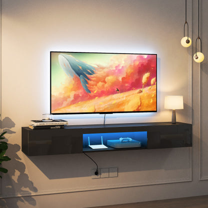 63 Inch Black Wall-Mounted Floating LED TV Stand 16 Color Light Media Cabinet Holds TV Up To 65 Inch