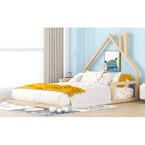 Full Size Wood Floor Bed with House-shaped Headboard, Natural