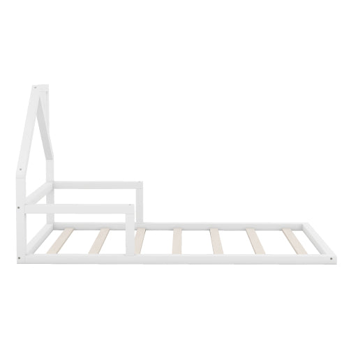 Twin Size Wood Floor Bed with House-shaped Headboard, White