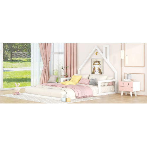 Full Size Wood Floor Bed with House-shaped Headboard, White