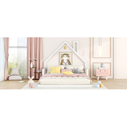 Full Size Wood Floor Bed with House-shaped Headboard, White
