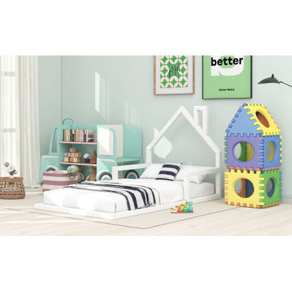 Twin Size Wood Floor Bed with House-shaped Headboard, White