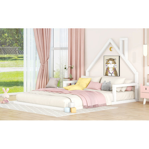 Full Size Wood Floor Bed with House-shaped Headboard, White