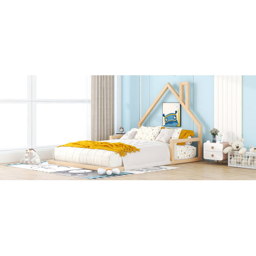 Full Size Wood Floor Bed with House-shaped Headboard, Natural
