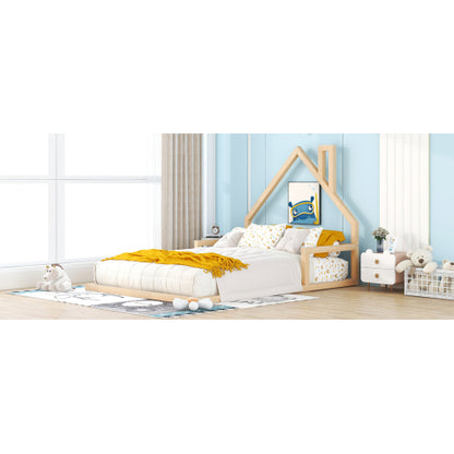 Full Size Wood Floor Bed with House-shaped Headboard, Natural