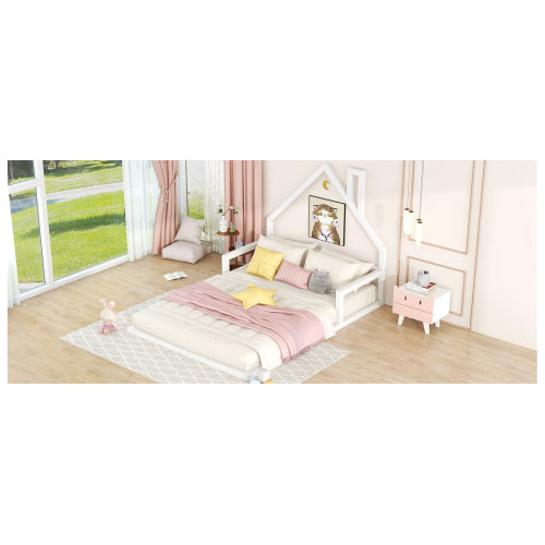 Full Size Wood Floor Bed with House-shaped Headboard, White