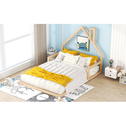 Full Size Wood Floor Bed with House-shaped Headboard, Natural