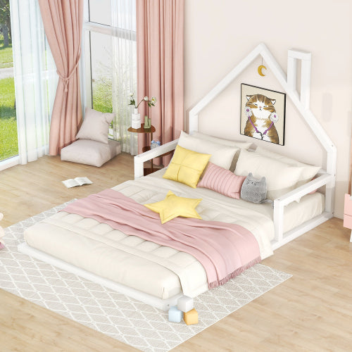 Full Size Wood Floor Bed with House-shaped Headboard, White