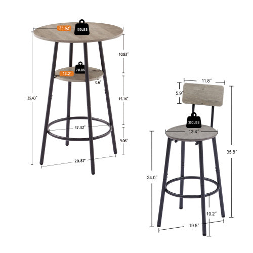 Round bar stool set with shelf, upholstered stool with backrest Grey, 23.62inch  W x 23.62inch  D x 35.43inch  H.