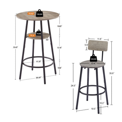 Round bar stool set with shelf, upholstered stool with backrest Grey, 23.62inch  W x 23.62inch  D x 35.43inch  H.