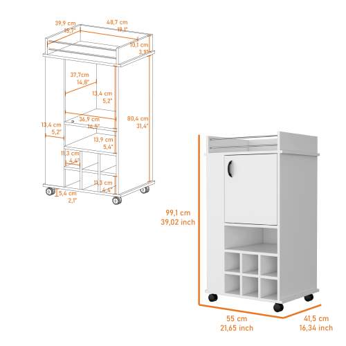 1-Door Bar Cart with Wine Rack and Casters White