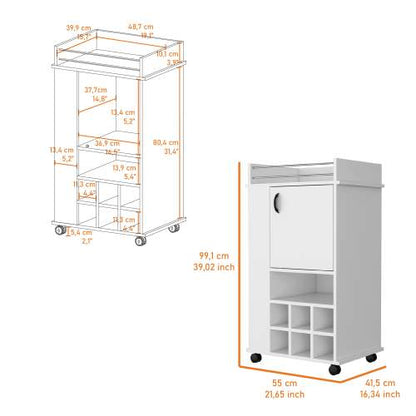1-Door Bar Cart with Wine Rack and Casters White