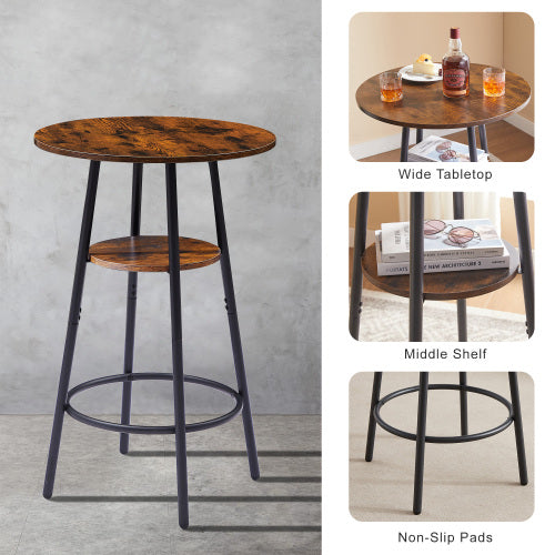 Round bar stool set with shelf, upholstered stool with backrest, Rustic Brown, 23.62inch  W x 23.62inch  D x 35.43inch  H