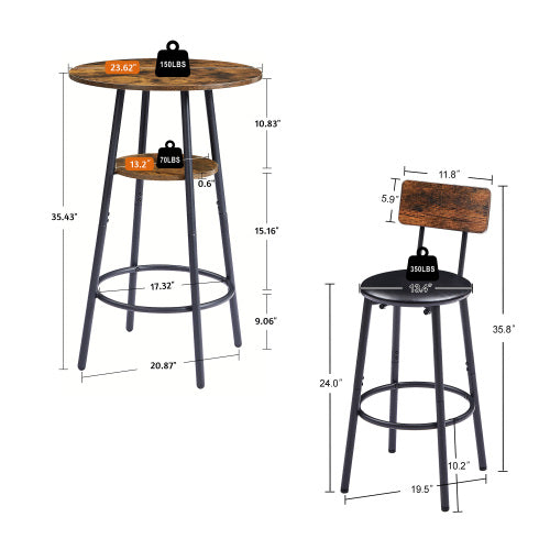 Round bar stool set with shelf, upholstered stool with backrest, Rustic Brown, 23.62inch  W x 23.62inch  D x 35.43inch  H