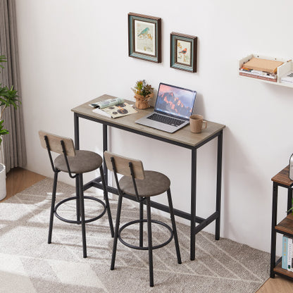 Bar Table Set with 2 Bar stools PU Soft seat with backrest, Grey, 43.31inch  L x 15.75inch  W x 35.43inch  H.