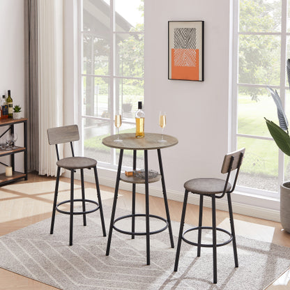 Round bar stool set with shelf, upholstered stool with backrest Grey, 23.62inch  W x 23.62inch  D x 35.43inch  H.