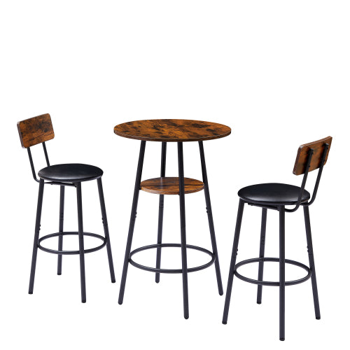Round bar stool set with shelf, upholstered stool with backrest, Rustic Brown, 23.62inch  W x 23.62inch  D x 35.43inch  H