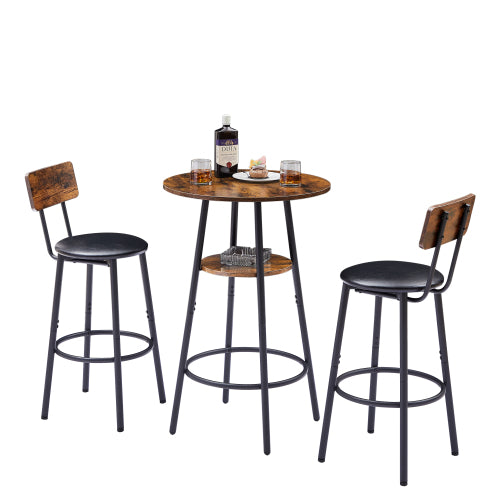 Round bar stool set with shelf, upholstered stool with backrest, Rustic Brown, 23.62inch  W x 23.62inch  D x 35.43inch  H