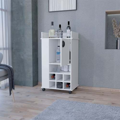 1-Door Bar Cart with Wine Rack and Casters White