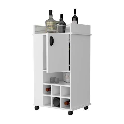 1-Door Bar Cart with Wine Rack and Casters White