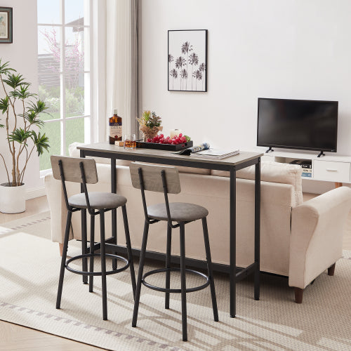 Bar Table Set with 2 Bar stools PU Soft seat with backrest, Grey, 43.31inch  L x 15.75inch  W x 35.43inch  H.