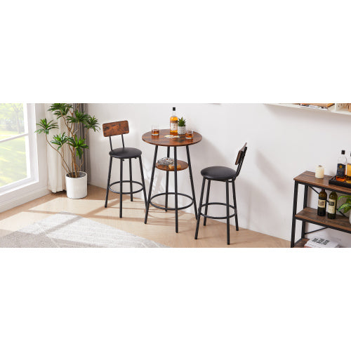 Round bar stool set with shelf, upholstered stool with backrest, Rustic Brown, 23.62inch  W x 23.62inch  D x 35.43inch  H