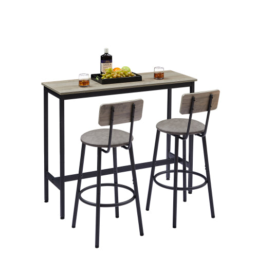 Bar Table Set with 2 Bar stools PU Soft seat with backrest, Grey, 43.31inch  L x 15.75inch  W x 35.43inch  H.