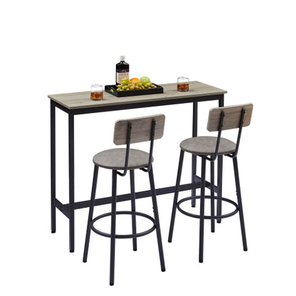 Bar Table Set with 2 Bar stools PU Soft seat with backrest, Grey, 43.31inch  L x 15.75inch  W x 35.43inch  H.