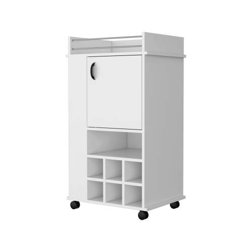 1-Door Bar Cart with Wine Rack and Casters White