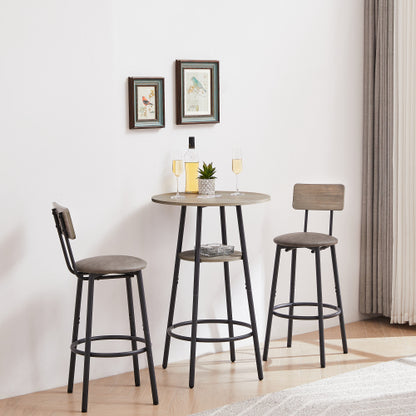 Round bar stool set with shelf, upholstered stool with backrest Grey, 23.62inch  W x 23.62inch  D x 35.43inch  H.