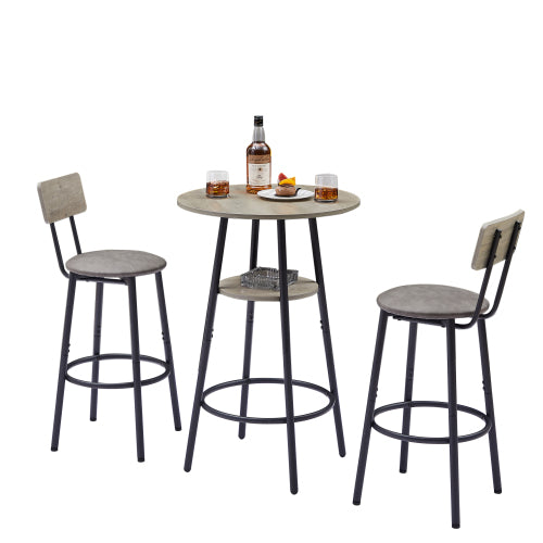Round bar stool set with shelf, upholstered stool with backrest Grey, 23.62inch  W x 23.62inch  D x 35.43inch  H.