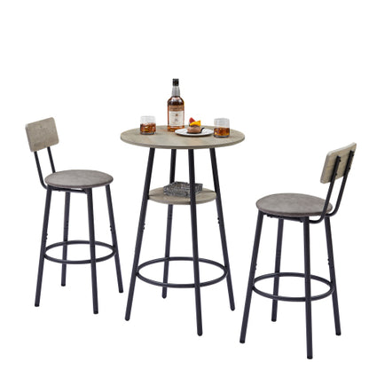 Round bar stool set with shelf, upholstered stool with backrest Grey, 23.62inch  W x 23.62inch  D x 35.43inch  H.