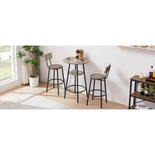 Round bar stool set with shelf, upholstered stool with backrest Grey, 23.62inch  W x 23.62inch  D x 35.43inch  H.