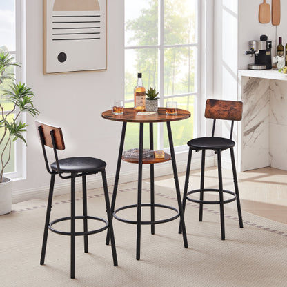 Round bar stool set with shelf, upholstered stool with backrest, Rustic Brown, 23.62inch  W x 23.62inch  D x 35.43inch  H