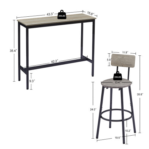 Bar Table Set with 2 Bar stools PU Soft seat with backrest, Grey, 43.31inch  L x 15.75inch  W x 35.43inch  H.