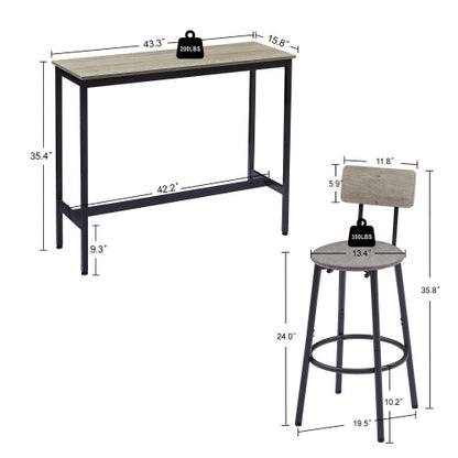 Bar Table Set with 2 Bar stools PU Soft seat with backrest, Grey, 43.31inch  L x 15.75inch  W x 35.43inch  H.