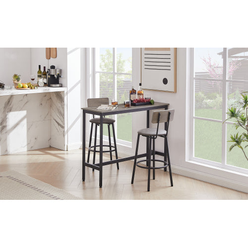 Bar Table Set with 2 Bar stools PU Soft seat with backrest, Grey, 43.31inch  L x 15.75inch  W x 35.43inch  H.