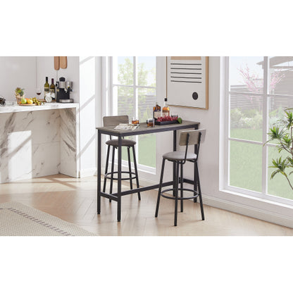 Bar Table Set with 2 Bar stools PU Soft seat with backrest, Grey, 43.31inch  L x 15.75inch  W x 35.43inch  H.