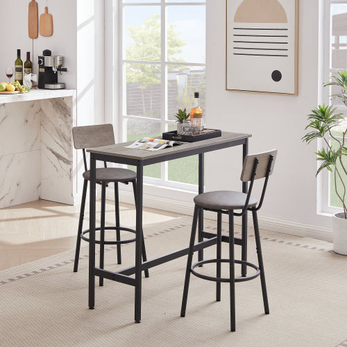Bar Table Set with 2 Bar stools PU Soft seat with backrest, Grey, 43.31inch  L x 15.75inch  W x 35.43inch  H.
