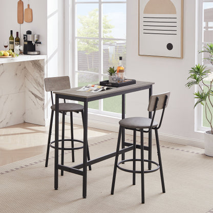 Bar Table Set with 2 Bar stools PU Soft seat with backrest, Grey, 43.31inch  L x 15.75inch  W x 35.43inch  H.