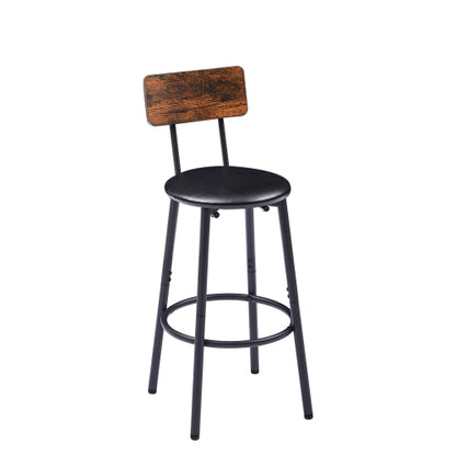Round bar stool set with shelf, upholstered stool with backrest, Rustic Brown, 23.62inch  W x 23.62inch  D x 35.43inch  H
