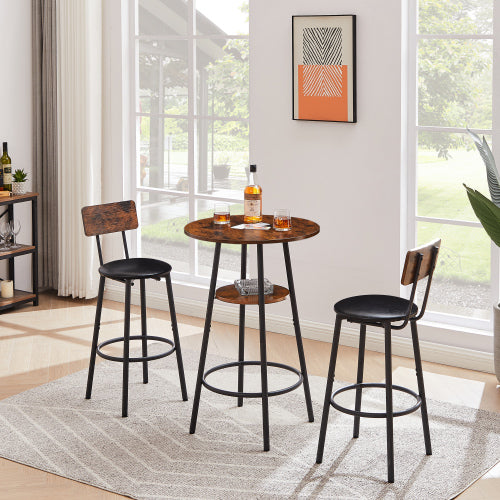 Round bar stool set with shelf, upholstered stool with backrest, Rustic Brown, 23.62inch  W x 23.62inch  D x 35.43inch  H